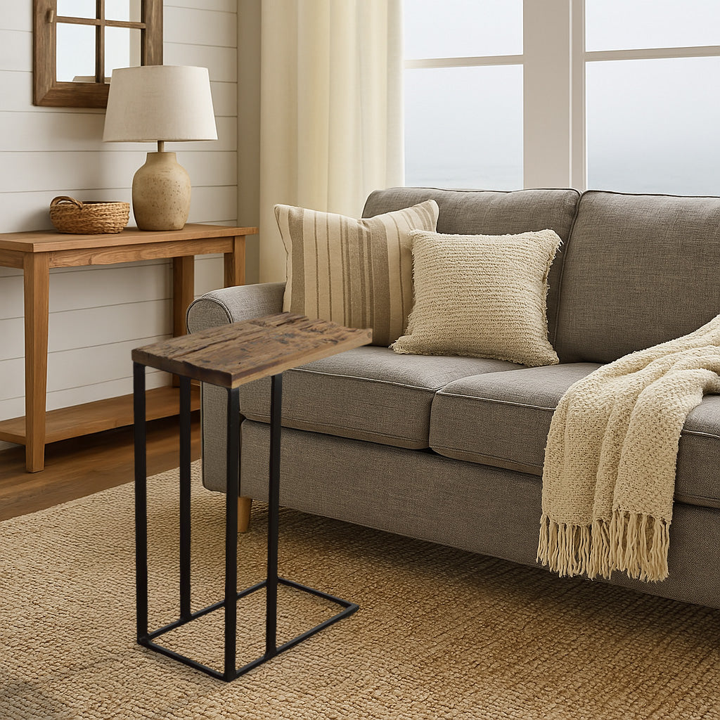 Wood C Table next to sofa.
