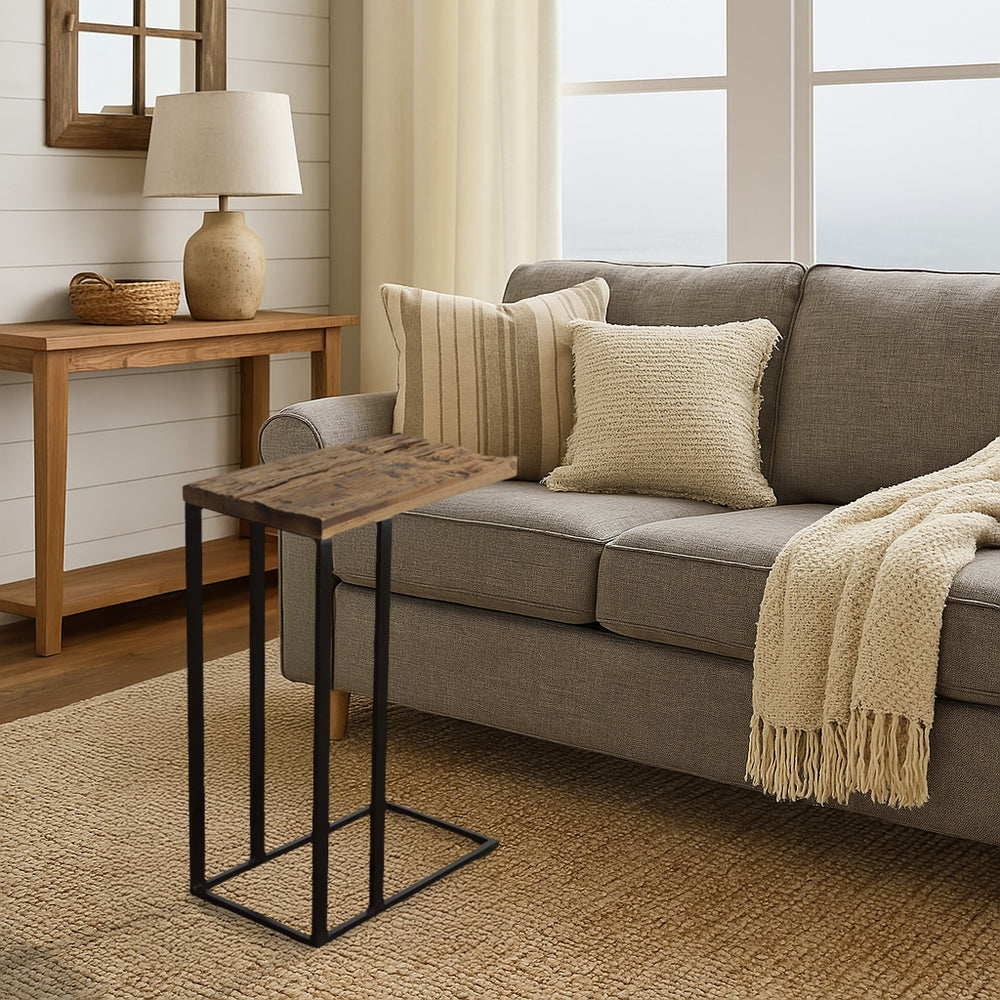 Wood C Table next to sofa.