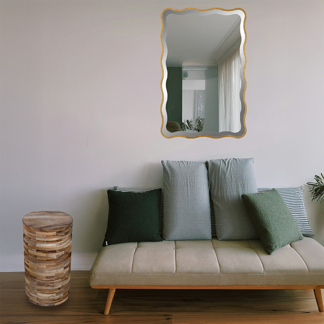 Rectangular Scalloped Gold Mirror in living room.