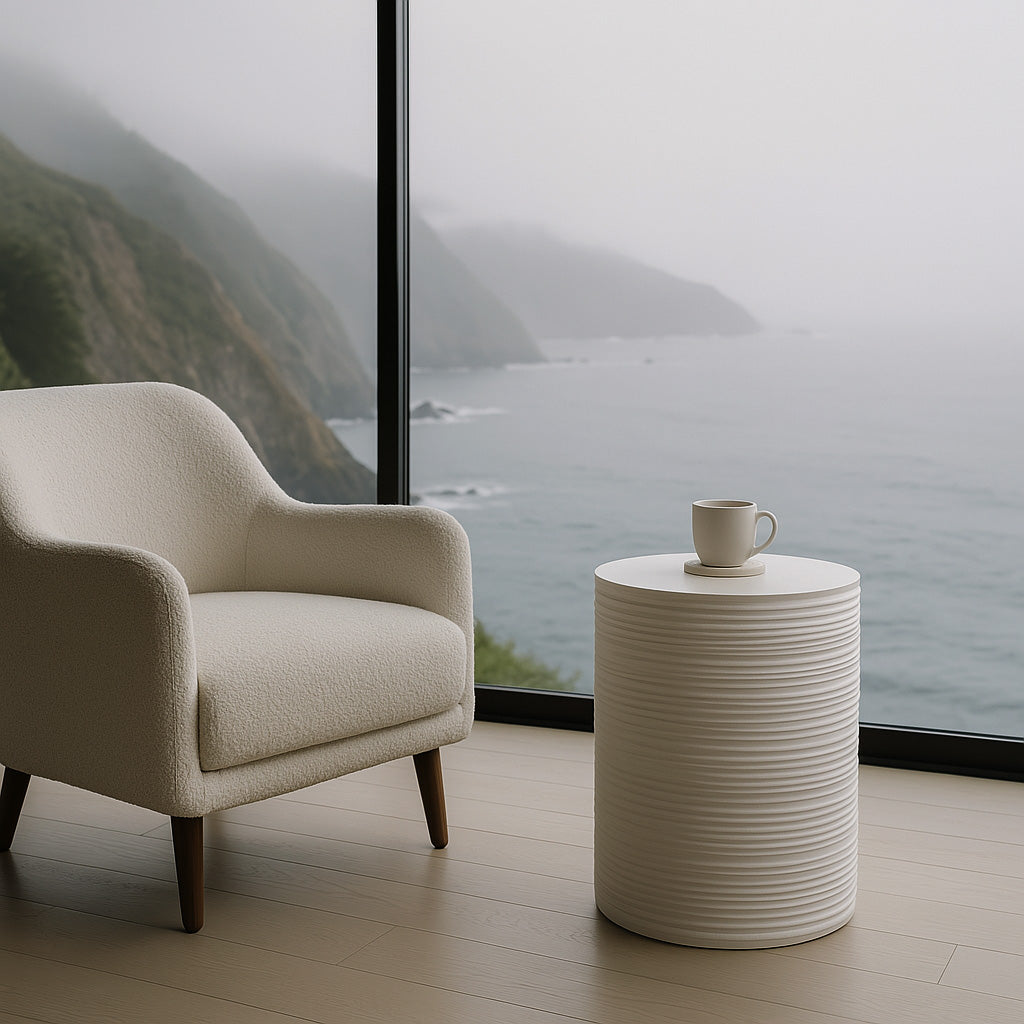White resin side table in living room.