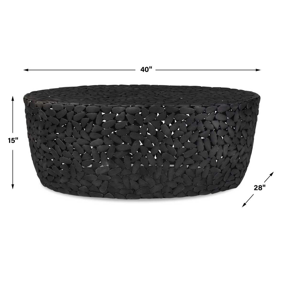 Black woven basket with dimensions on a white background
