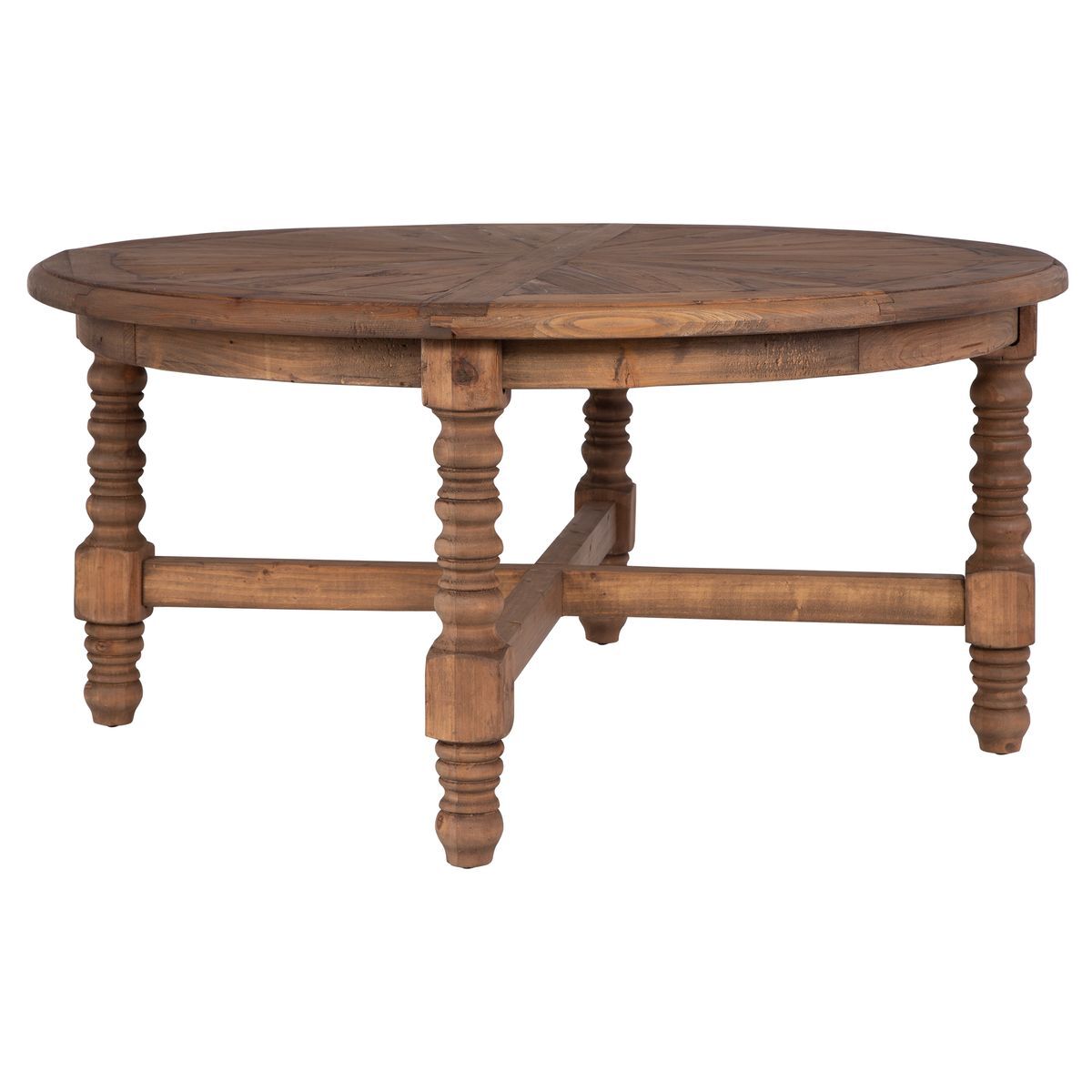 Round wooden table with turned legs on a white background
