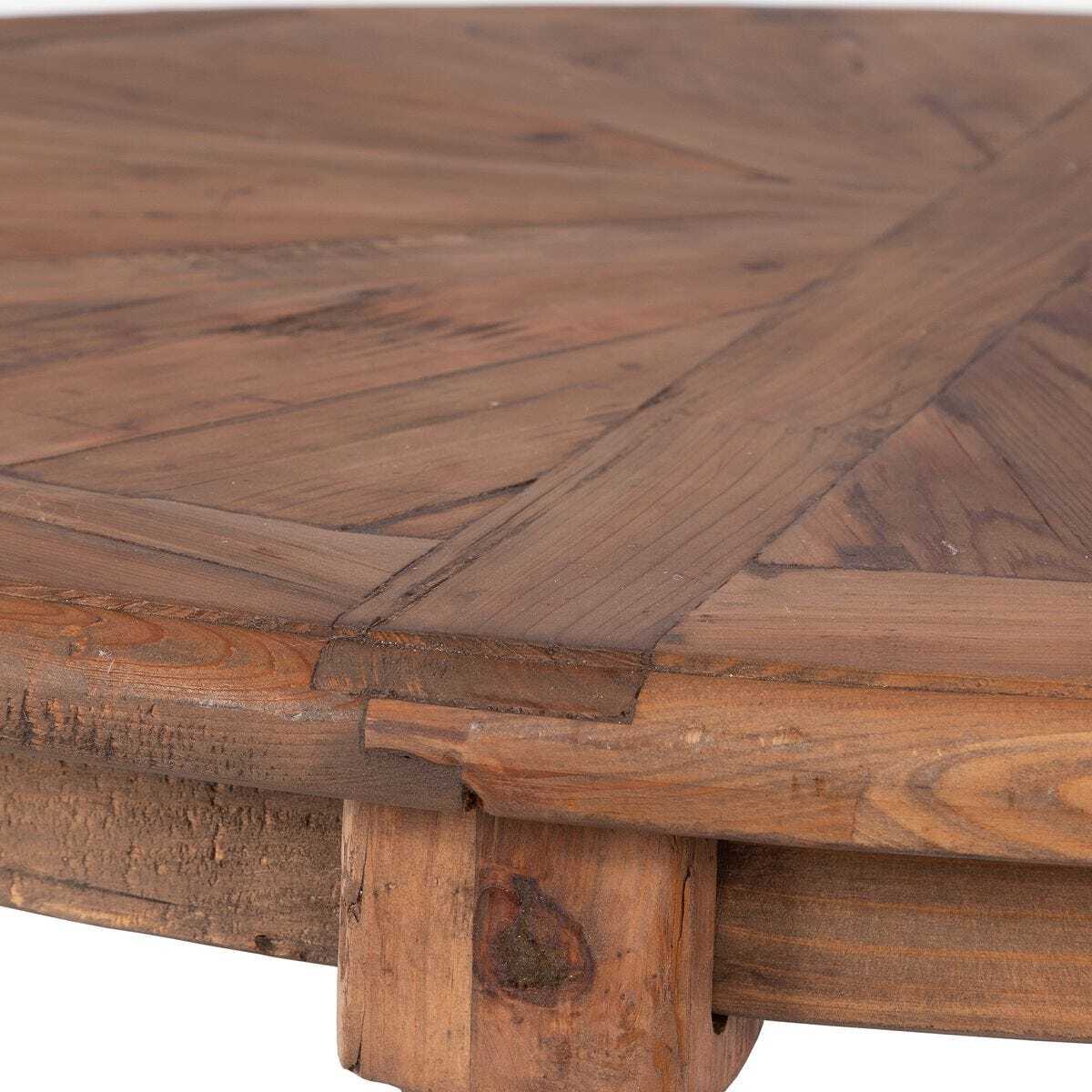 Close-up of a wooden table with a herringbone pattern