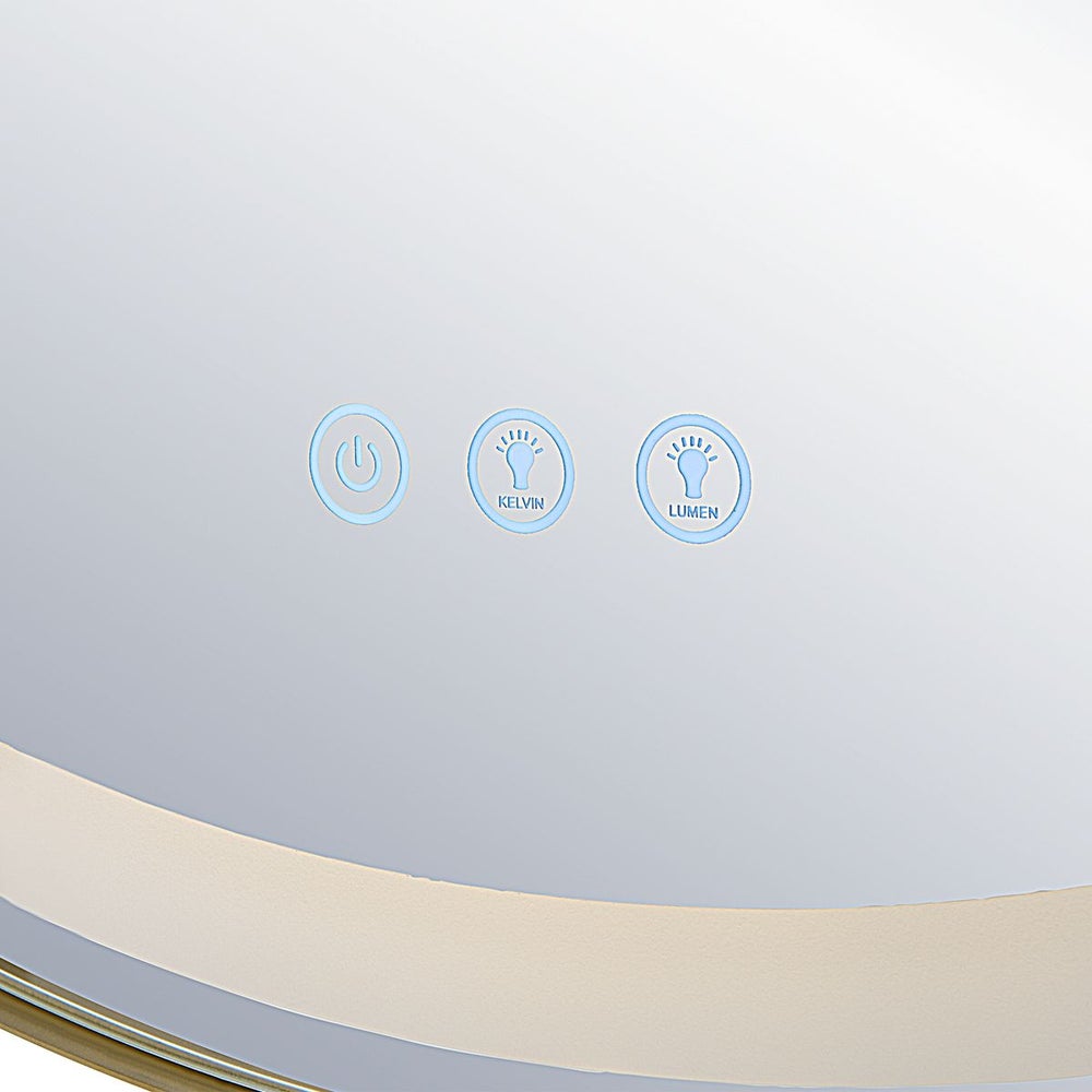 Lighted round gold mirror with controls.