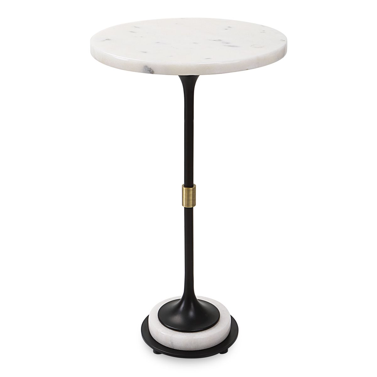 Small round marble table with a black metal base on a white background