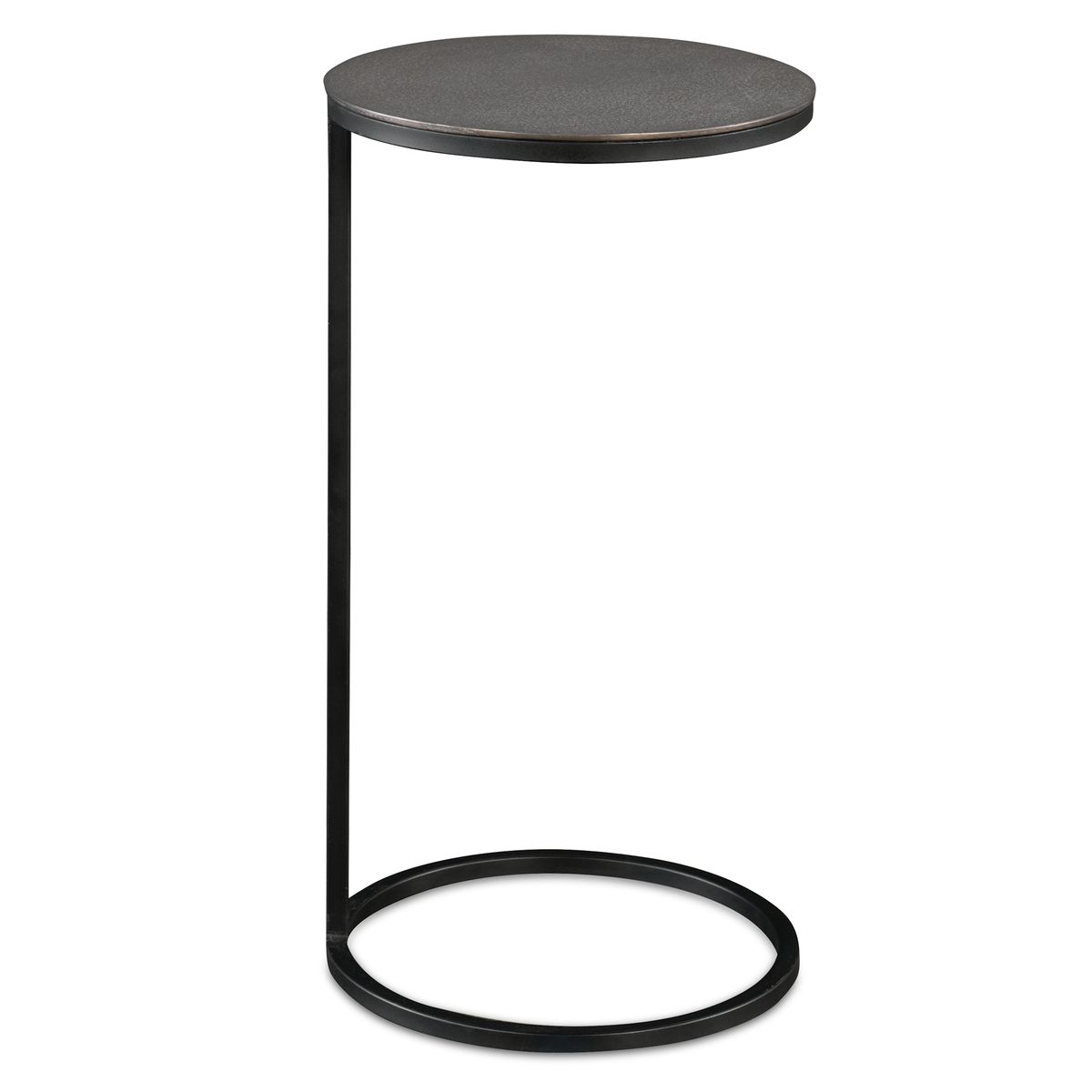 Small round side table with black metal base and gray top on a white background