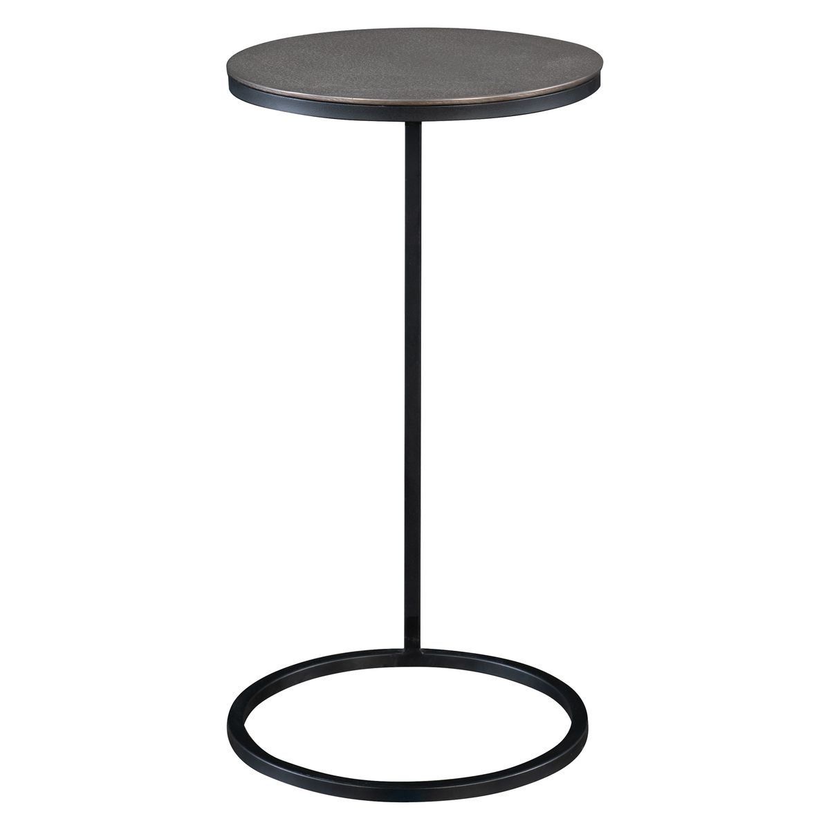 Small round table with a dark surface and black metal legs on a white background