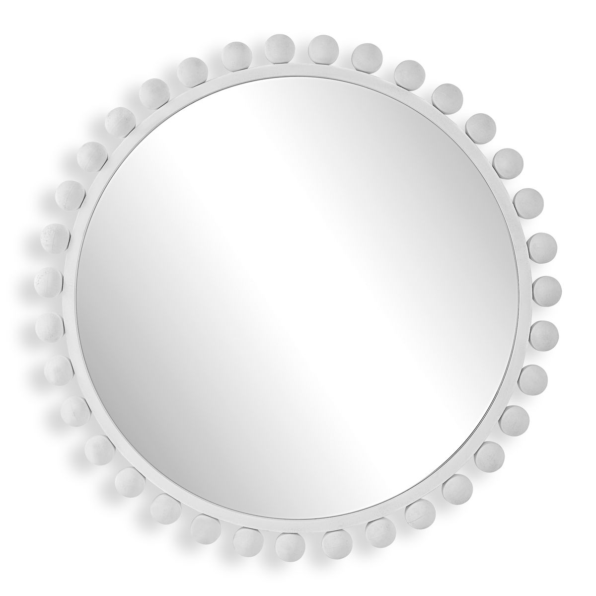 Round white beaded mirror.