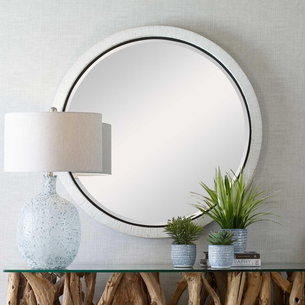 Round White Rattan Mirror.