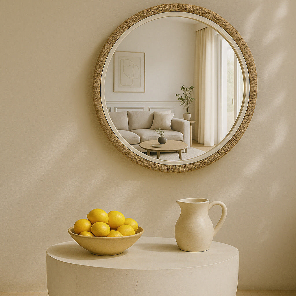 Round mirror above a table with a bowl of lemons and a pitcher in a room setting.