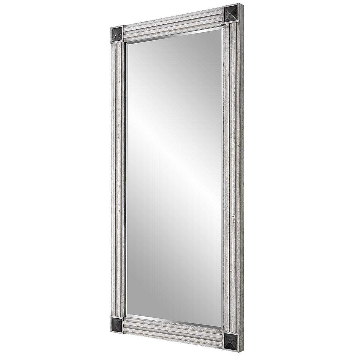 Rectangular mirror with a silver frame on a white background