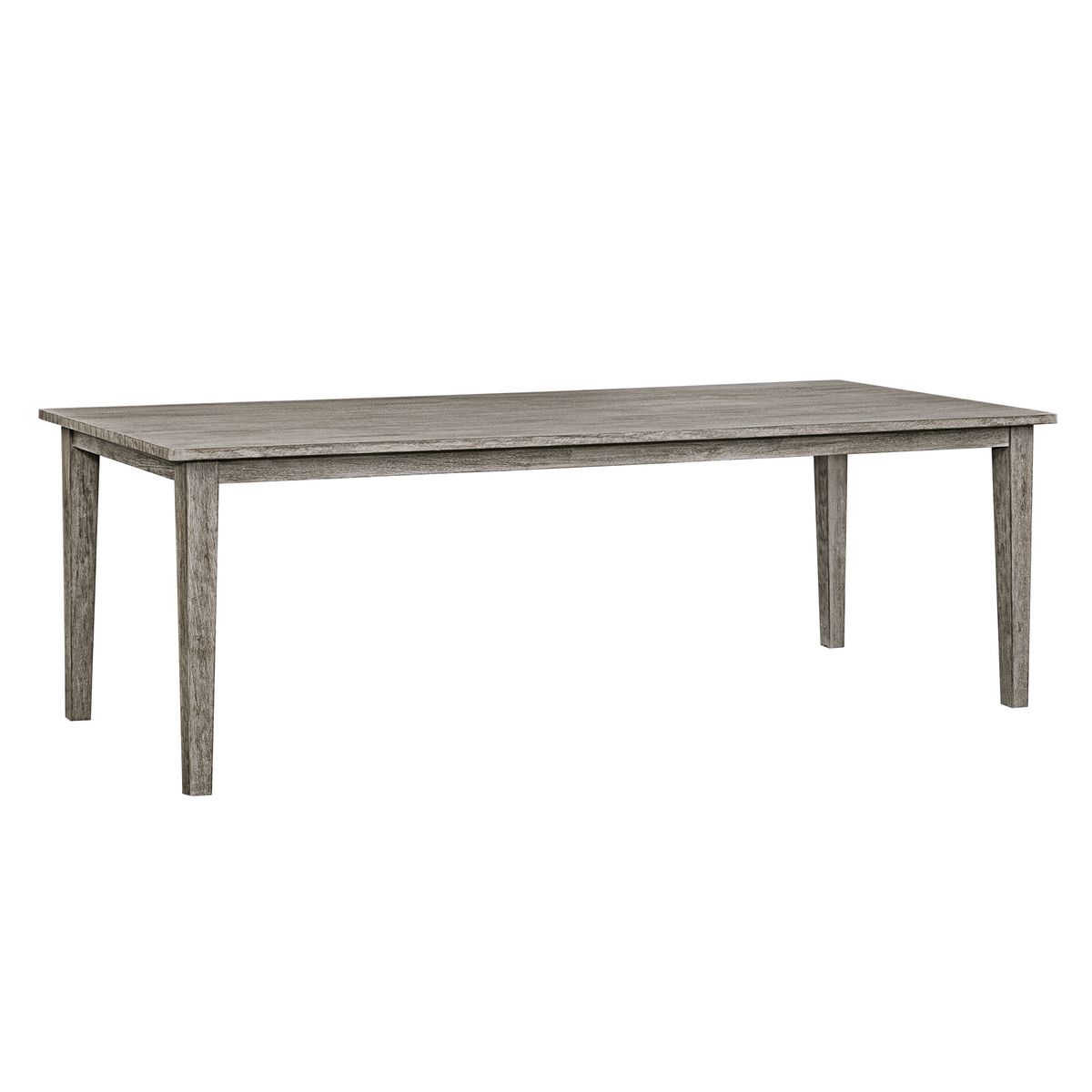 Gray outdoor dining table on angle.
