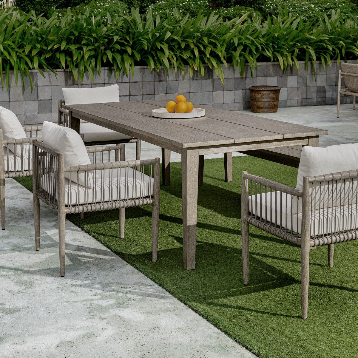 Gray outdoor dining table.