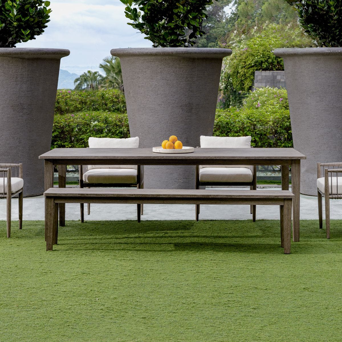 Gray outdoor patio dining table.
