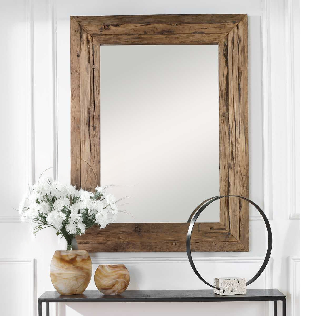 Hallway rustic wooden mirror.