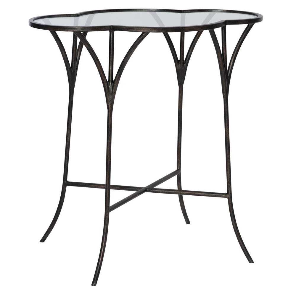 Glass-top table with black metal frame on a white background
