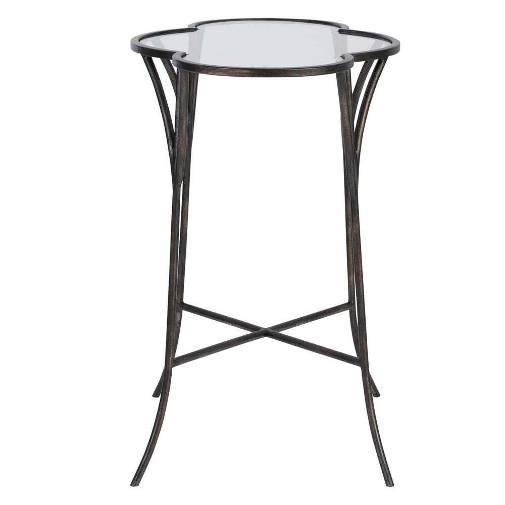 Glass-top side table with metal frame on a white background