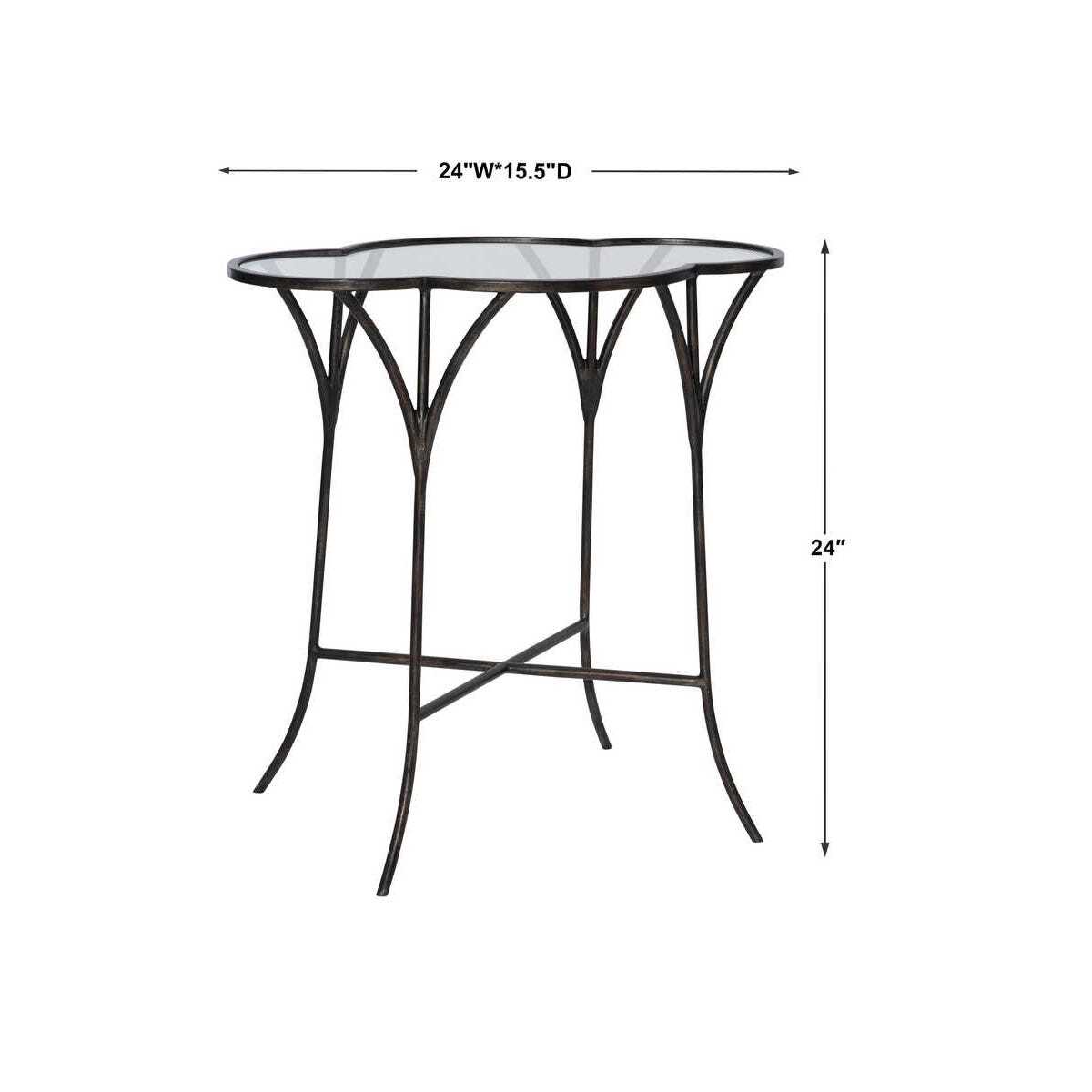 Black metal table with dimensions on a white background