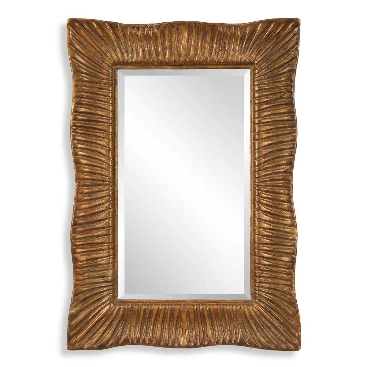 Decorative mirror with a textured gold frame on a white background
