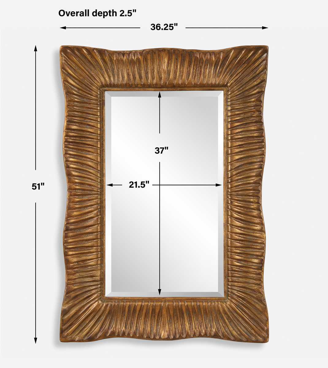 Rectangular mirror with decorative brown frame and dimensions on a white background