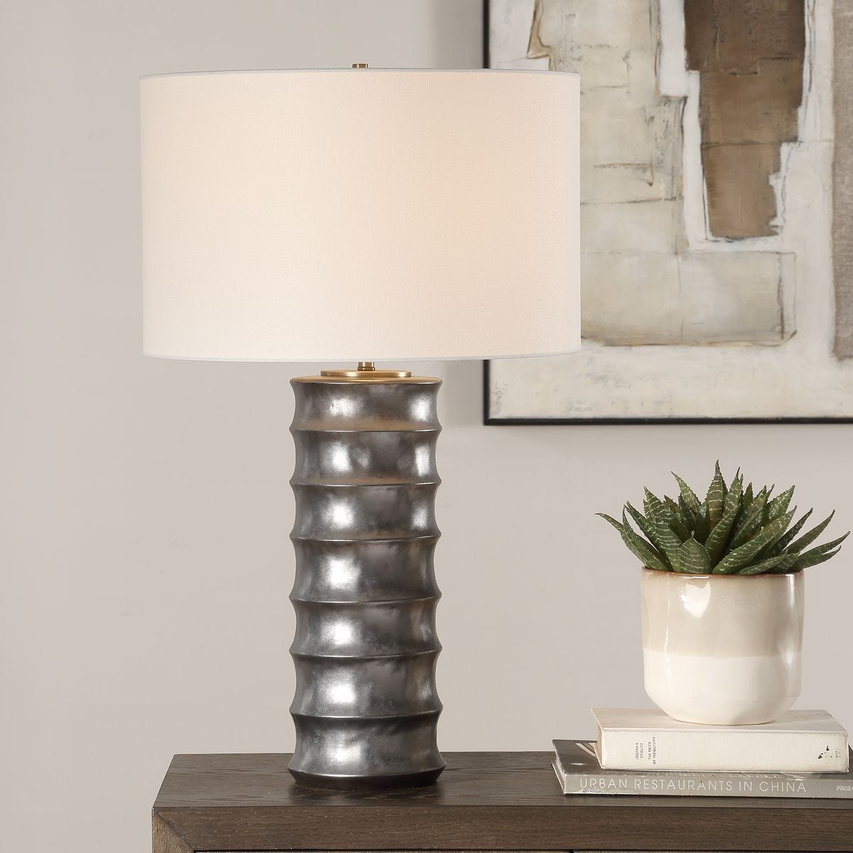 Scalloped Table Lamp Bronze lit up.