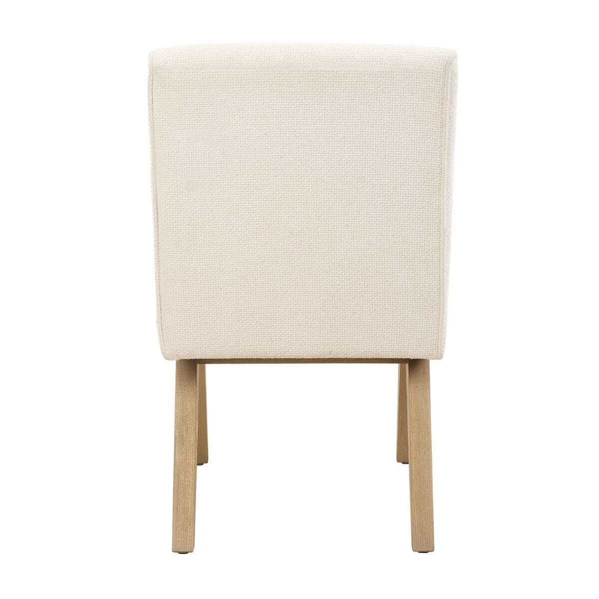 Beige upholstered chair with wooden legs on a white background