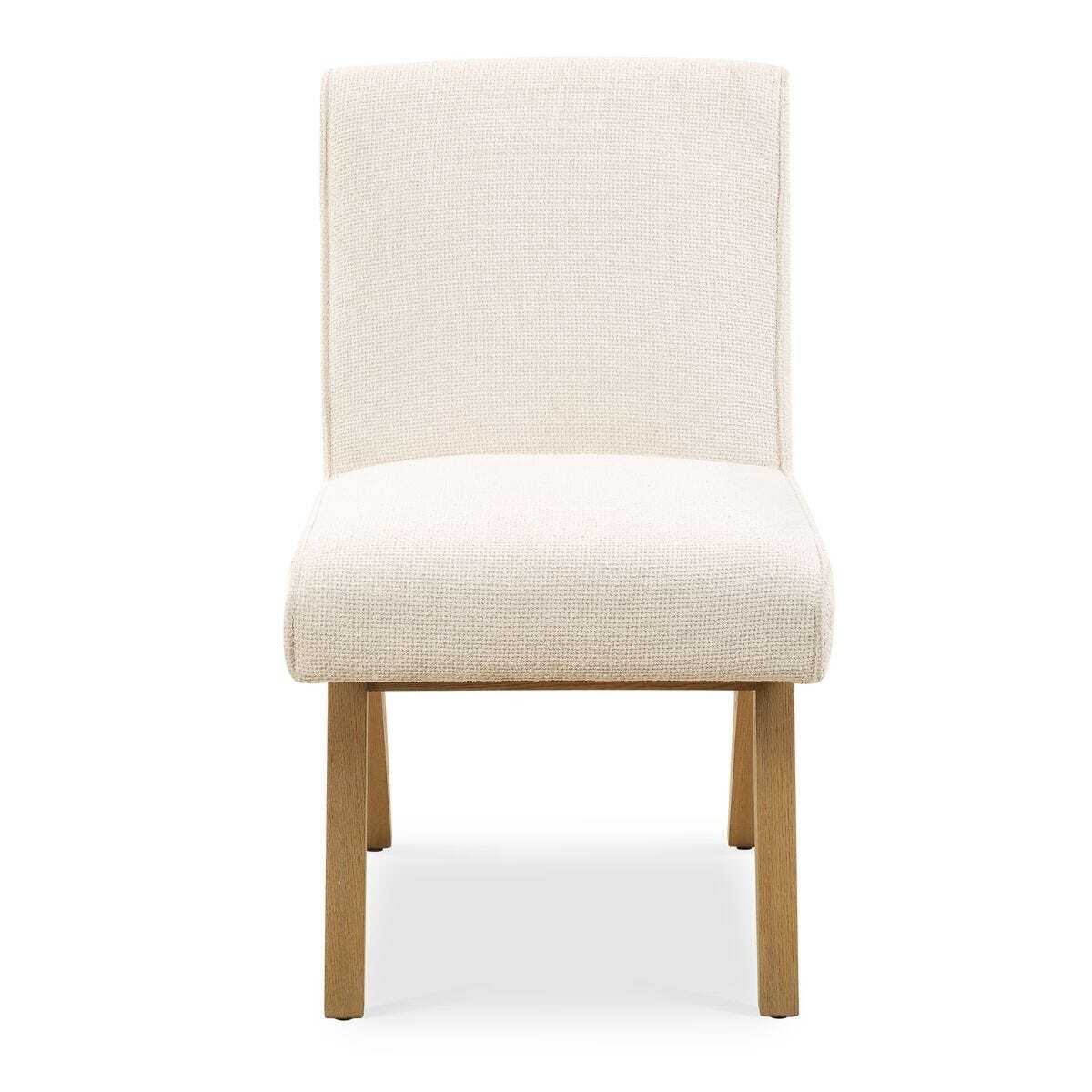 Beige upholstered chair with wooden legs on a white background