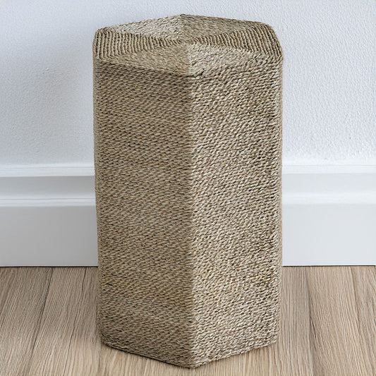 Seagrass end table in living room with coastal accent table.