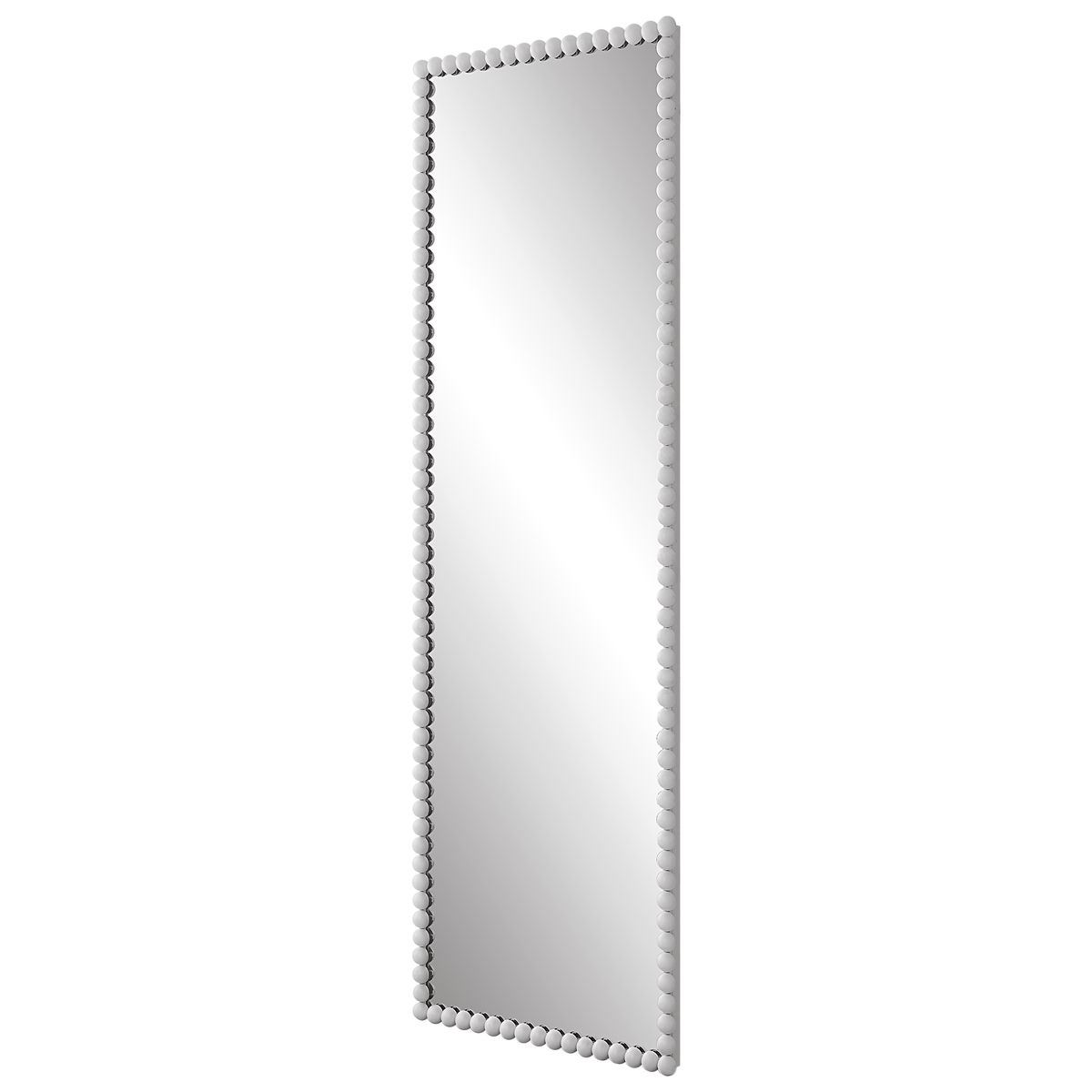 Angled white floor mirror.
