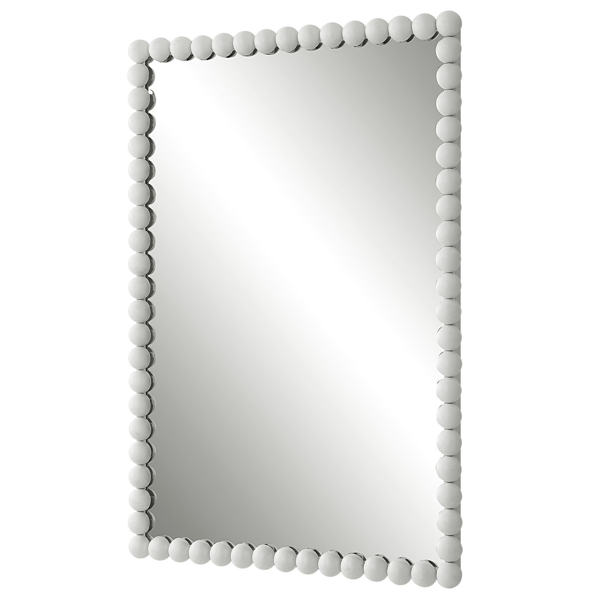 Angled white vanity mirror.