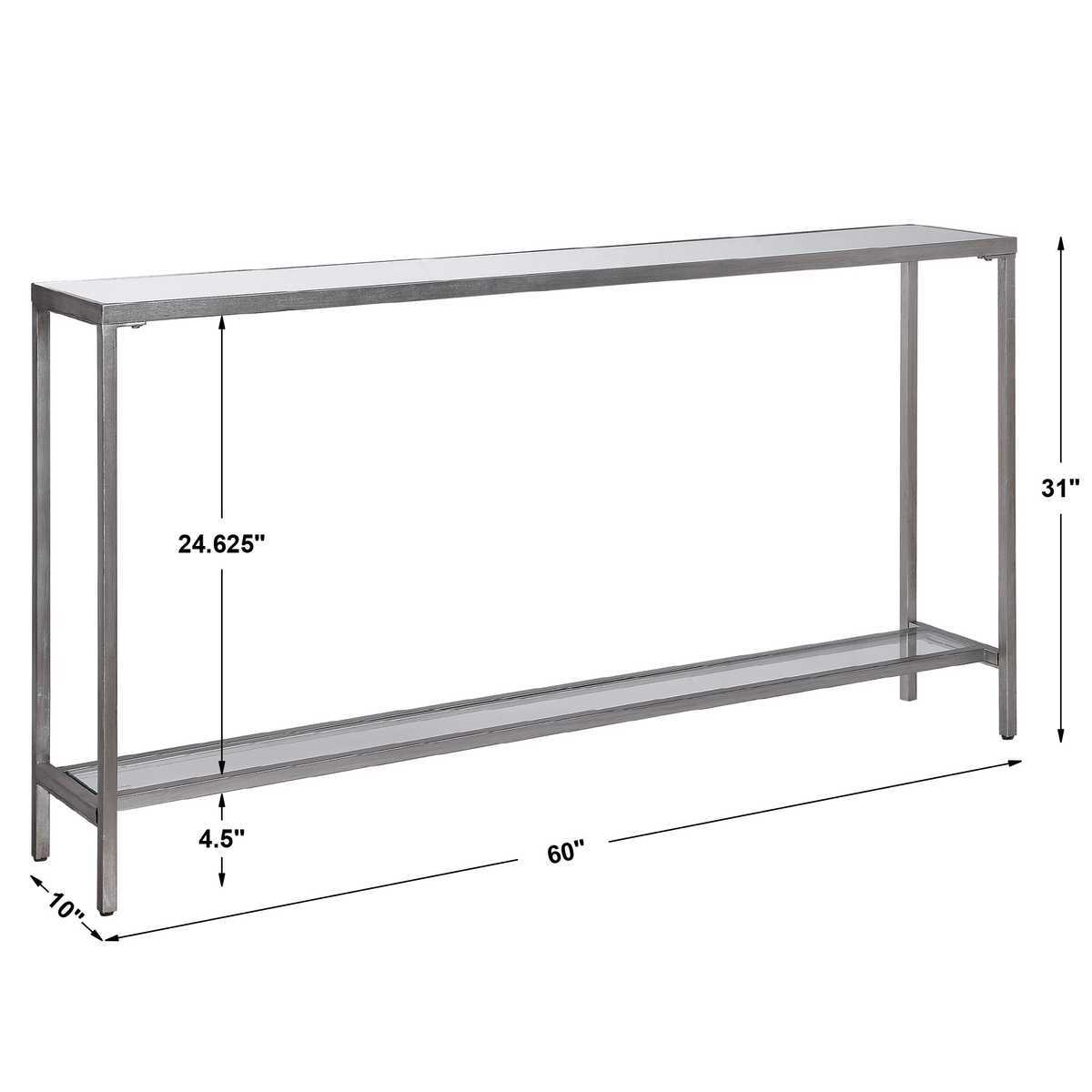 Dimensions of a silver and glass narrow console table.