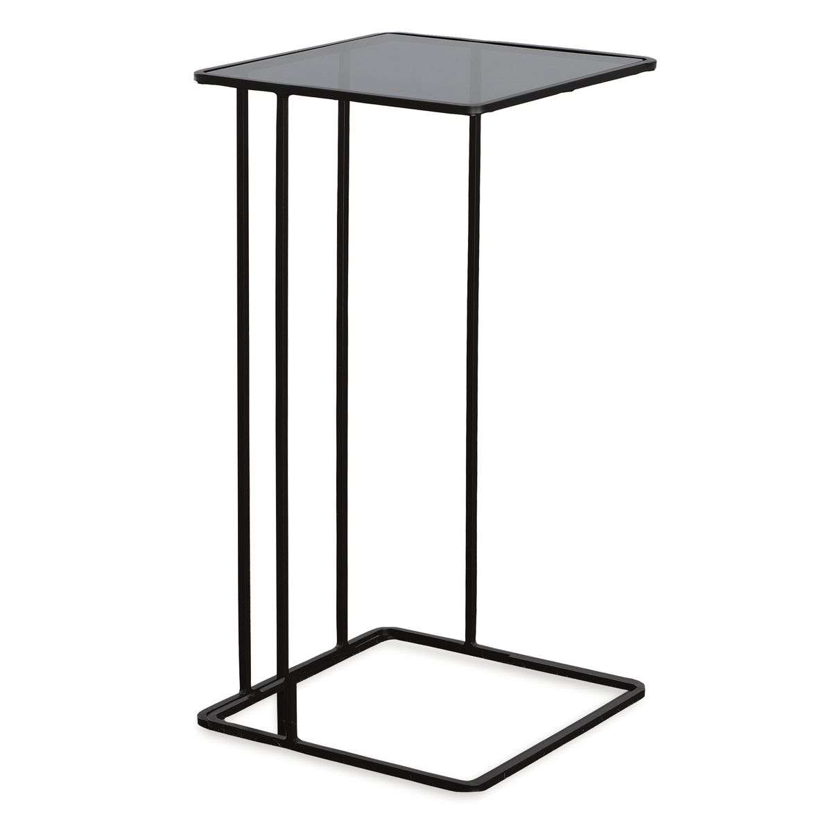 Black metal side table with a glass top on a white background