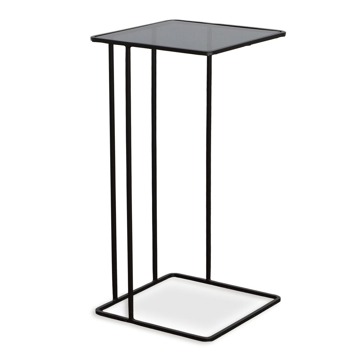 Black metal side table with a glass top on a white background