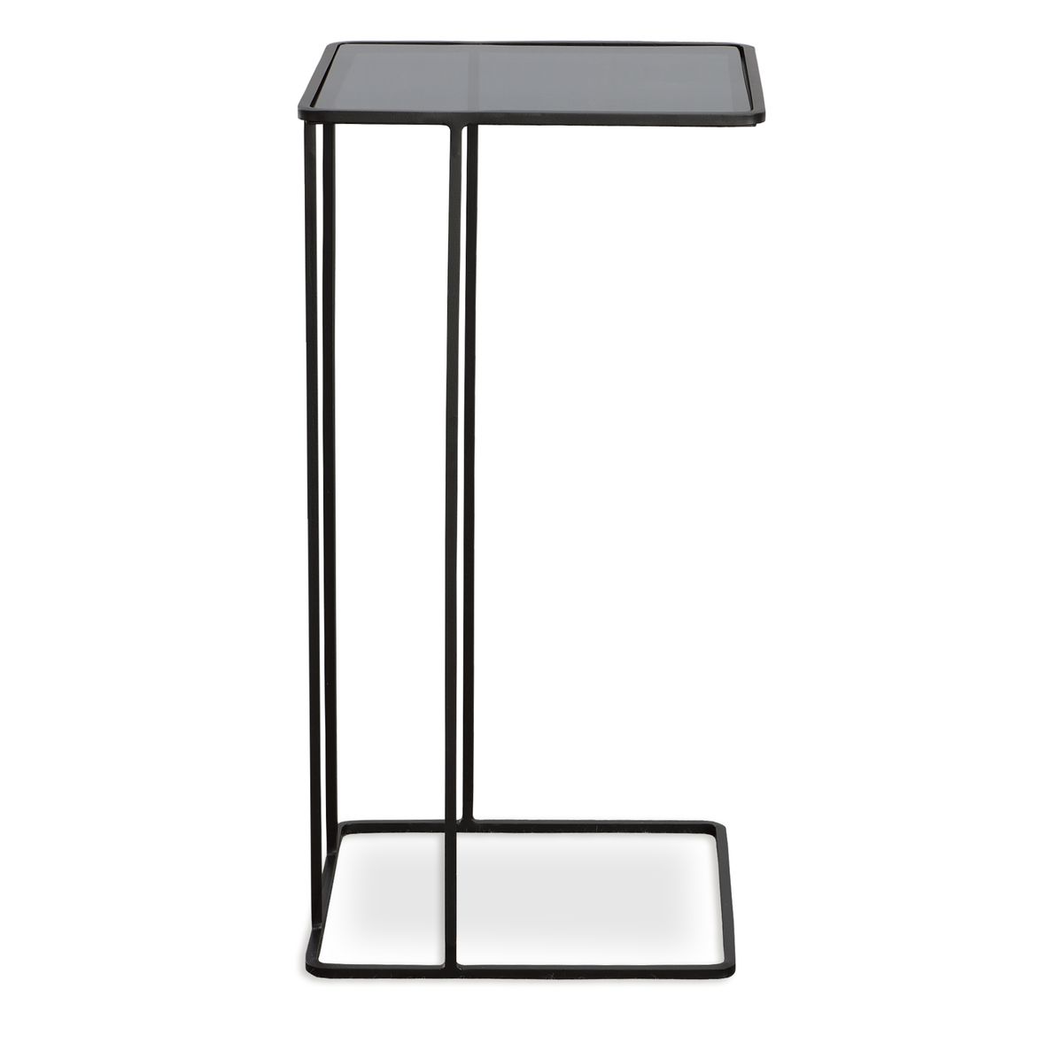 Black metal side table with a glass top on a white background