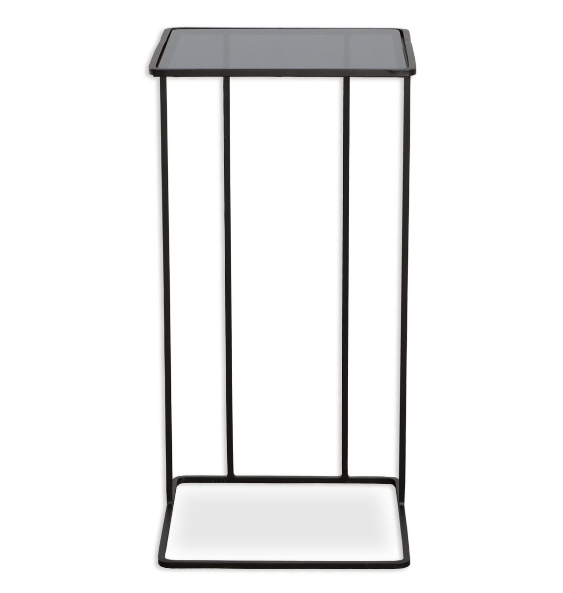 Small black metal side table with a glass top on a white background