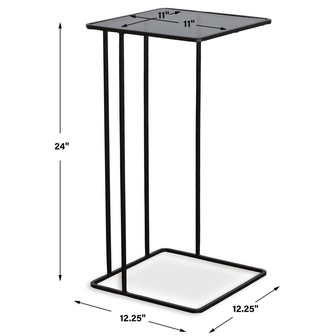 Black metal side table with dimensions indicated on a white background