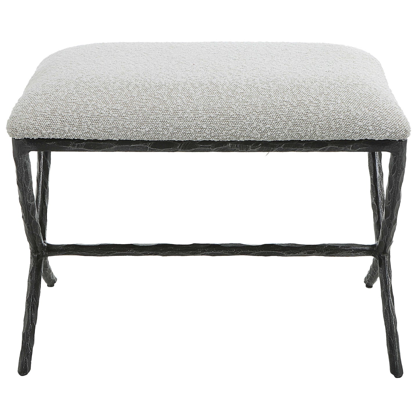 Small seat with gray cushion and distressed legs.