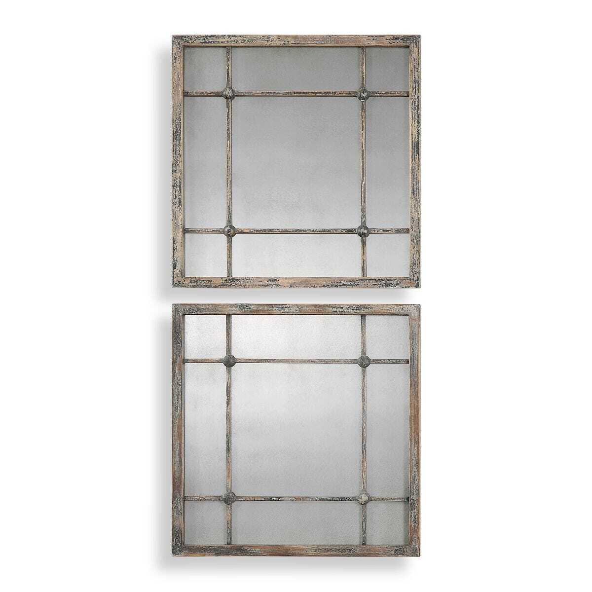 Two rectangular mirrors with grid patterns in wooden frames on a white background
