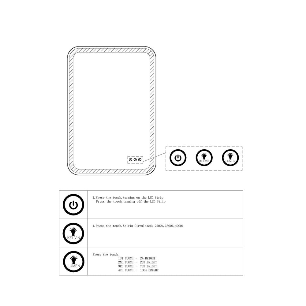 Details and specification for the light up gold vanity mirror.