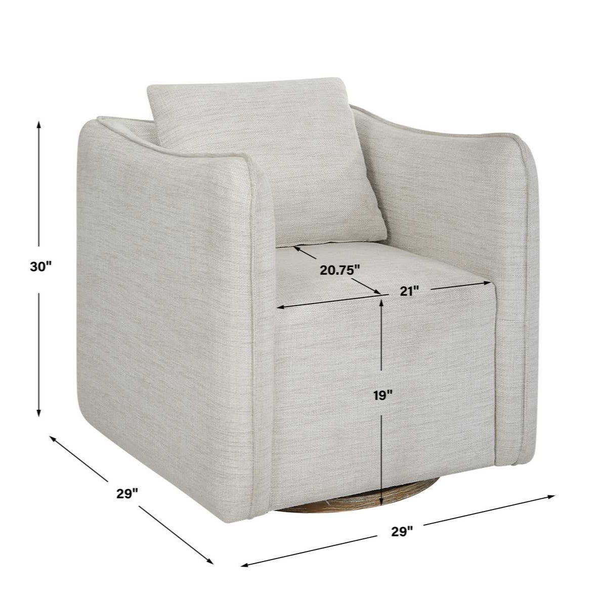 Gray armchair with dimensions marked on a white background