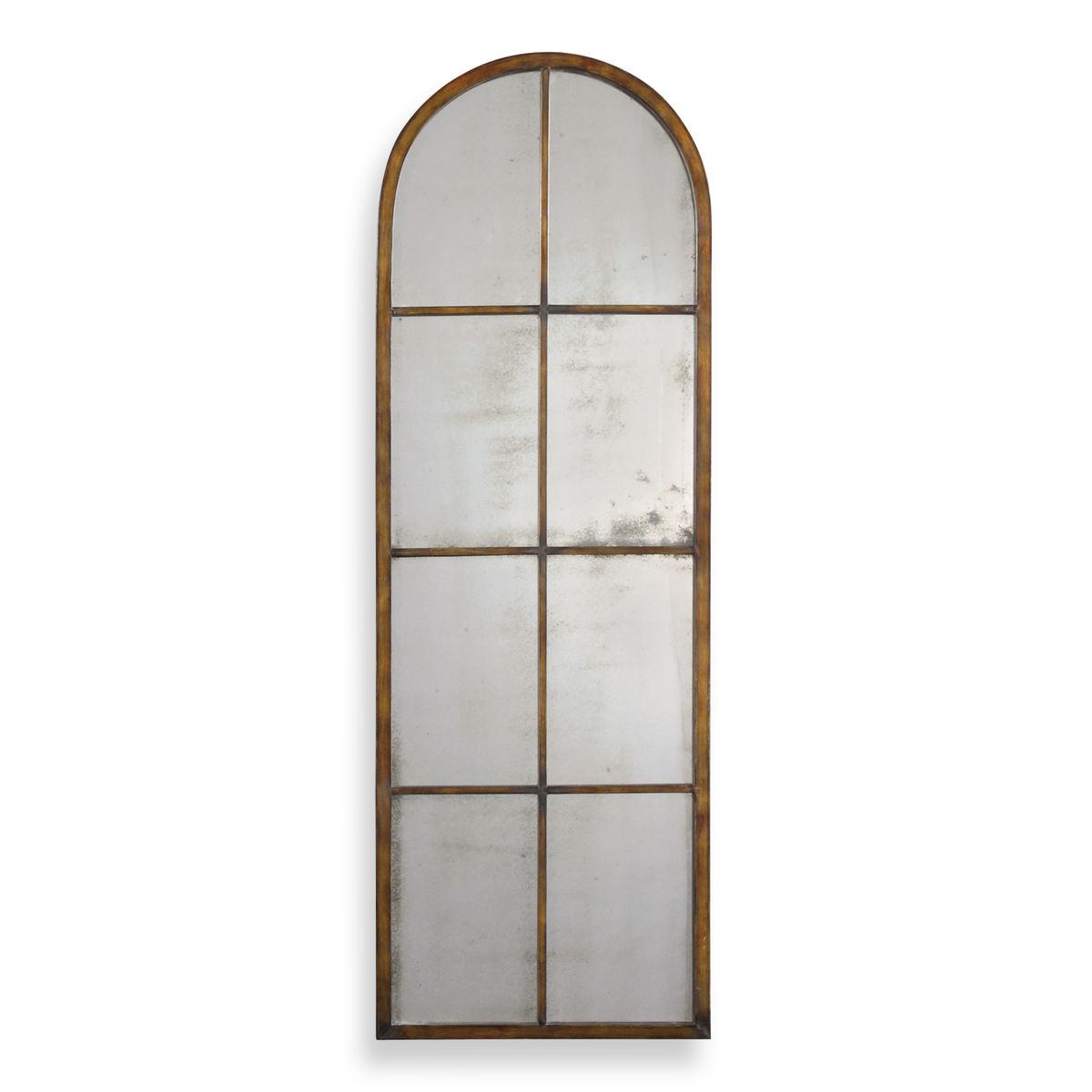 Arched window-style mirror with metallic frame on a white background