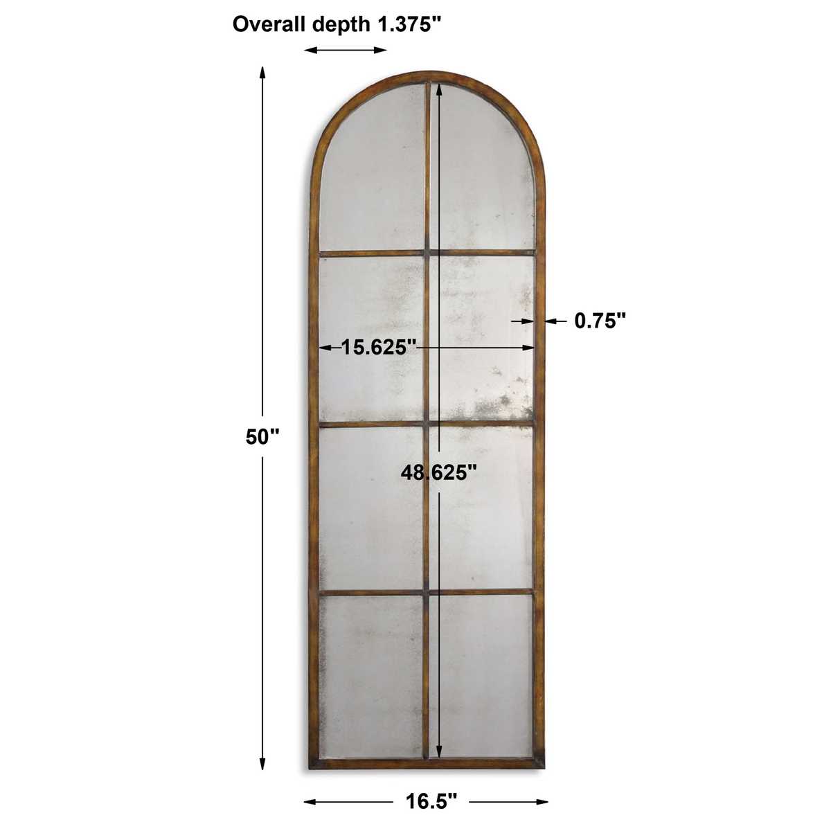 Measurement chart of a tall, narrow mirror with dimensions labeled.