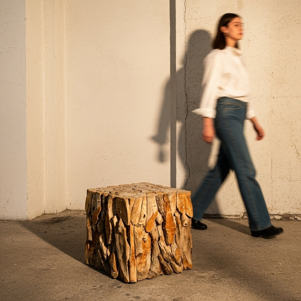 Wooden stool against a plain wall with a person walking by