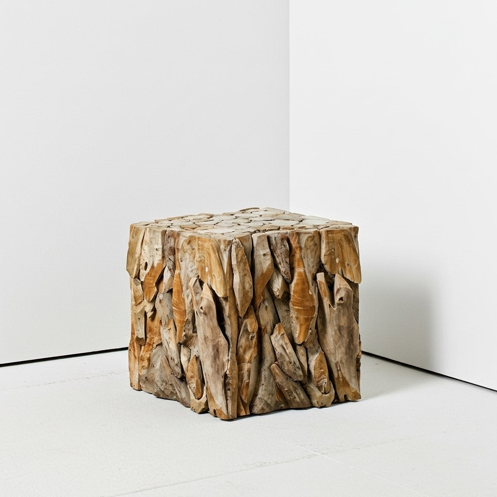 Wooden side table with natural, textured surface on a white background