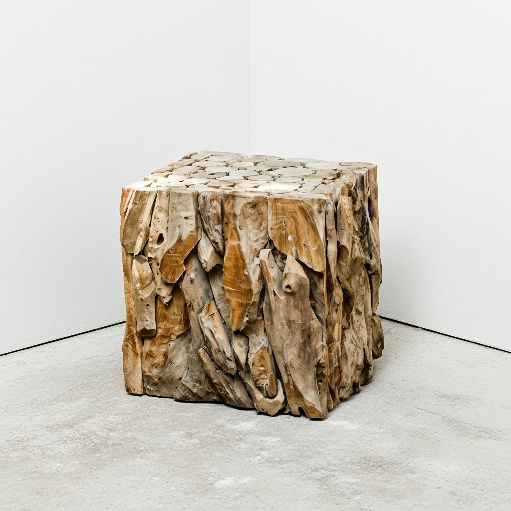Wooden side table with a natural, textured surface on a white background