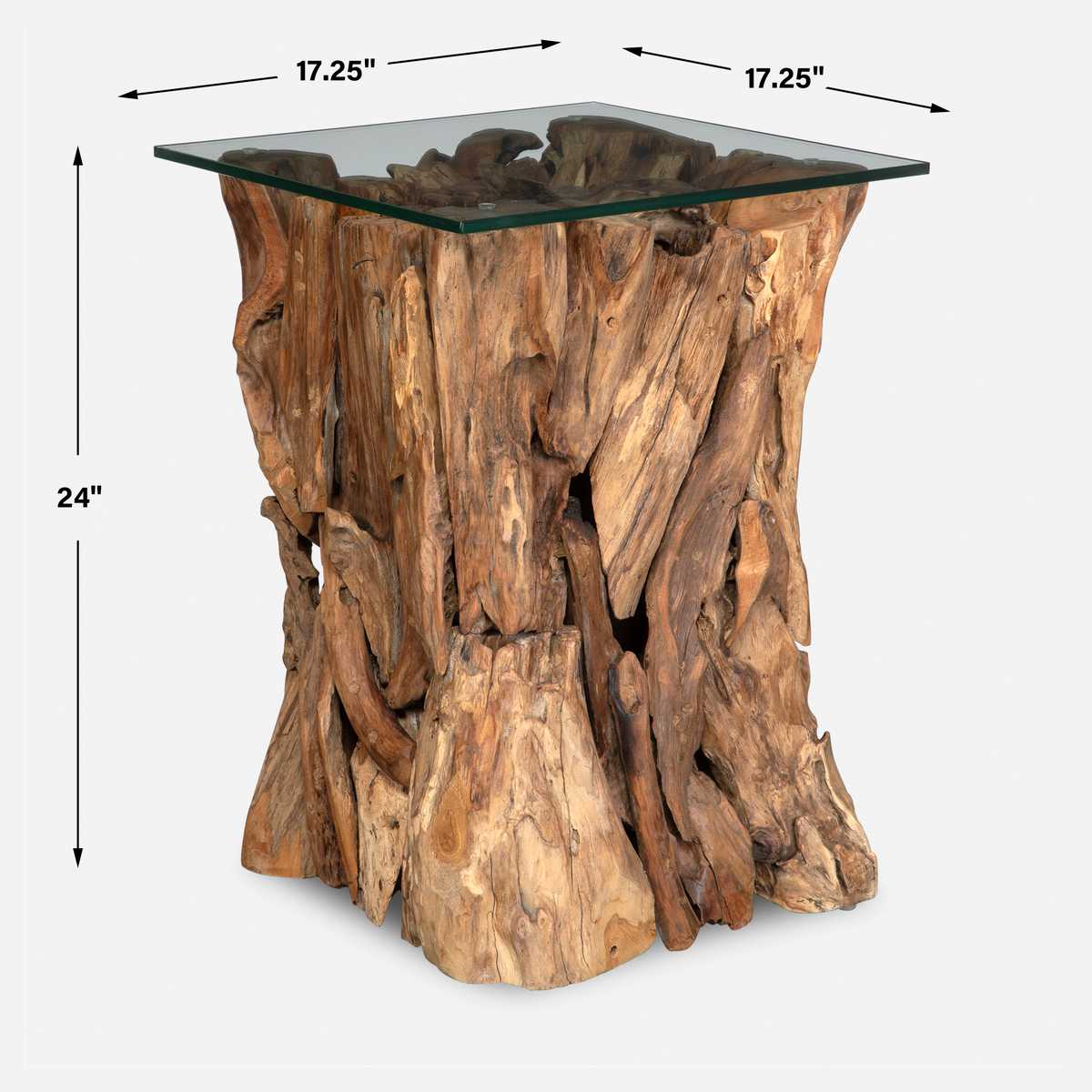 Wooden side table with glass top and dimensions on a white background