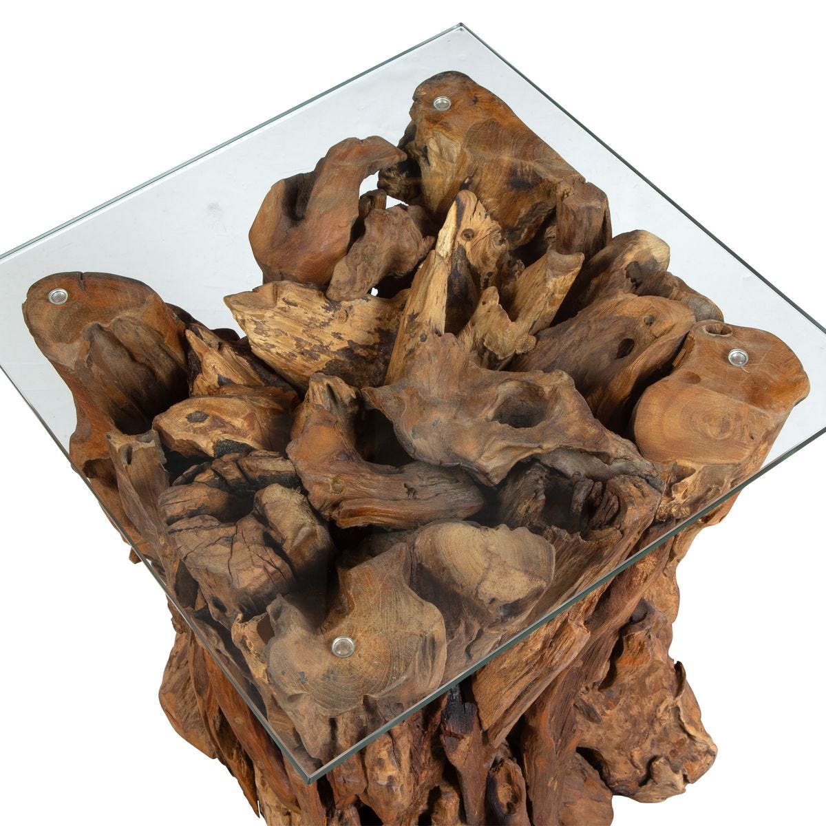 Wooden driftwood table with a glass top on a white background