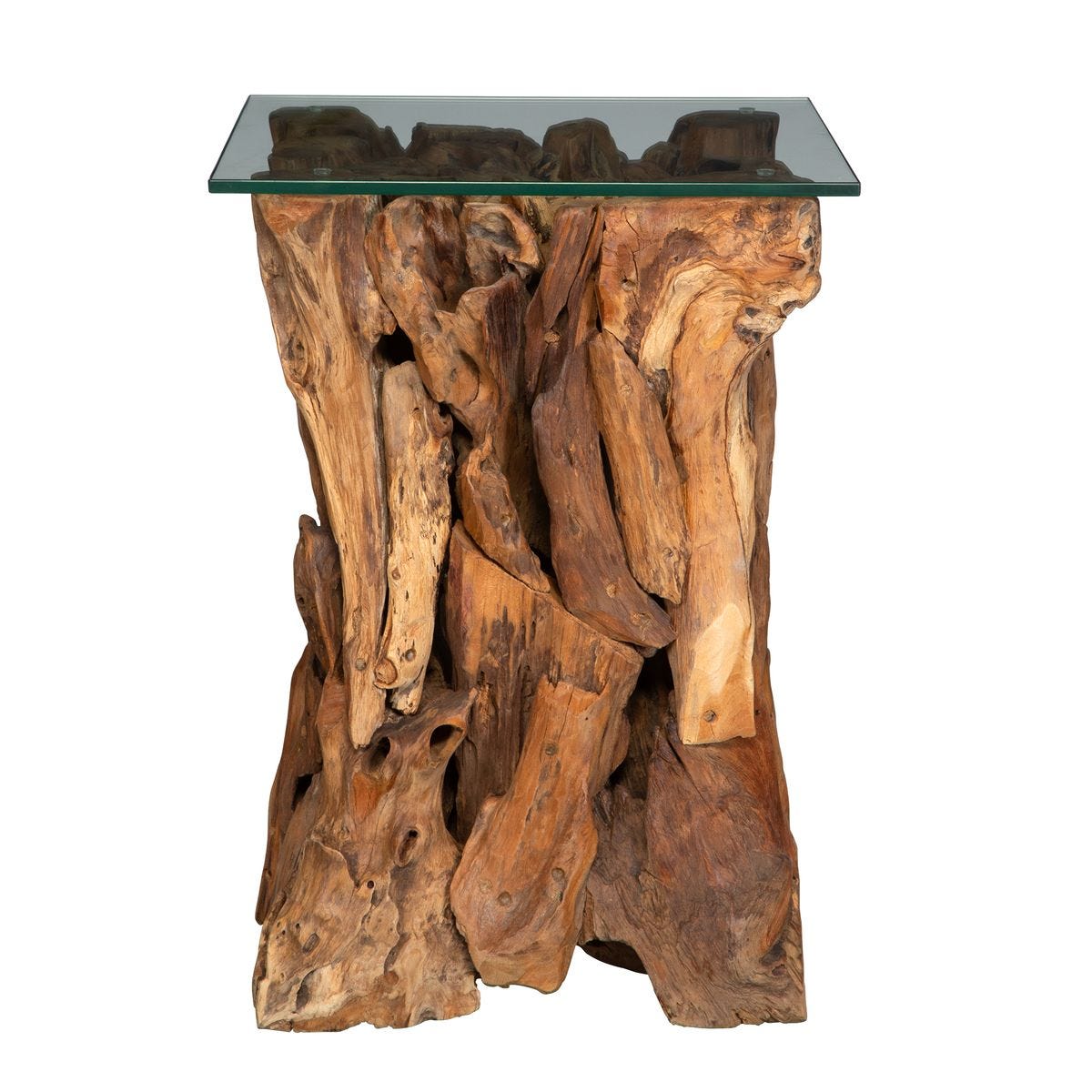 Wooden side table with a glass top on a white background