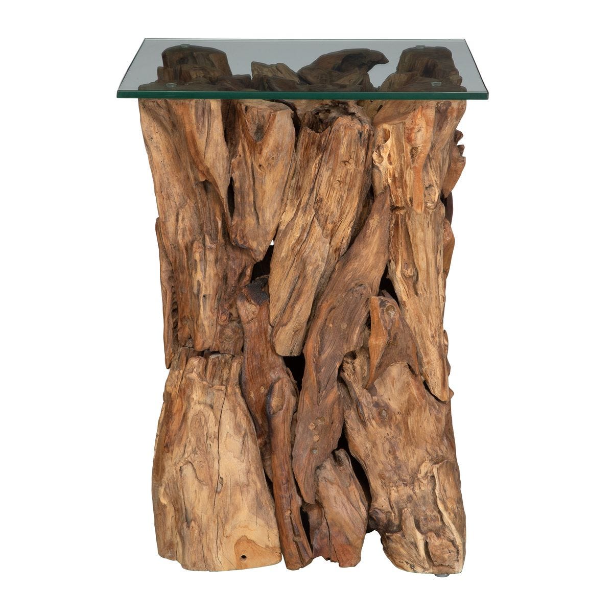 Wooden side table with a glass top on a white background
