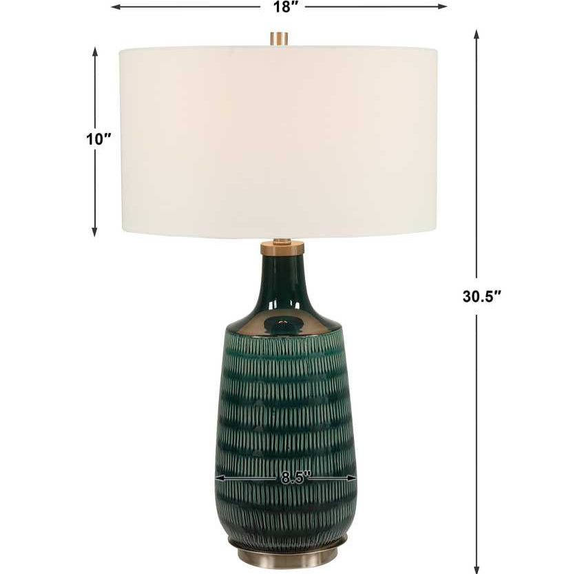 Green ceramic table lamp with dimensions on a white background